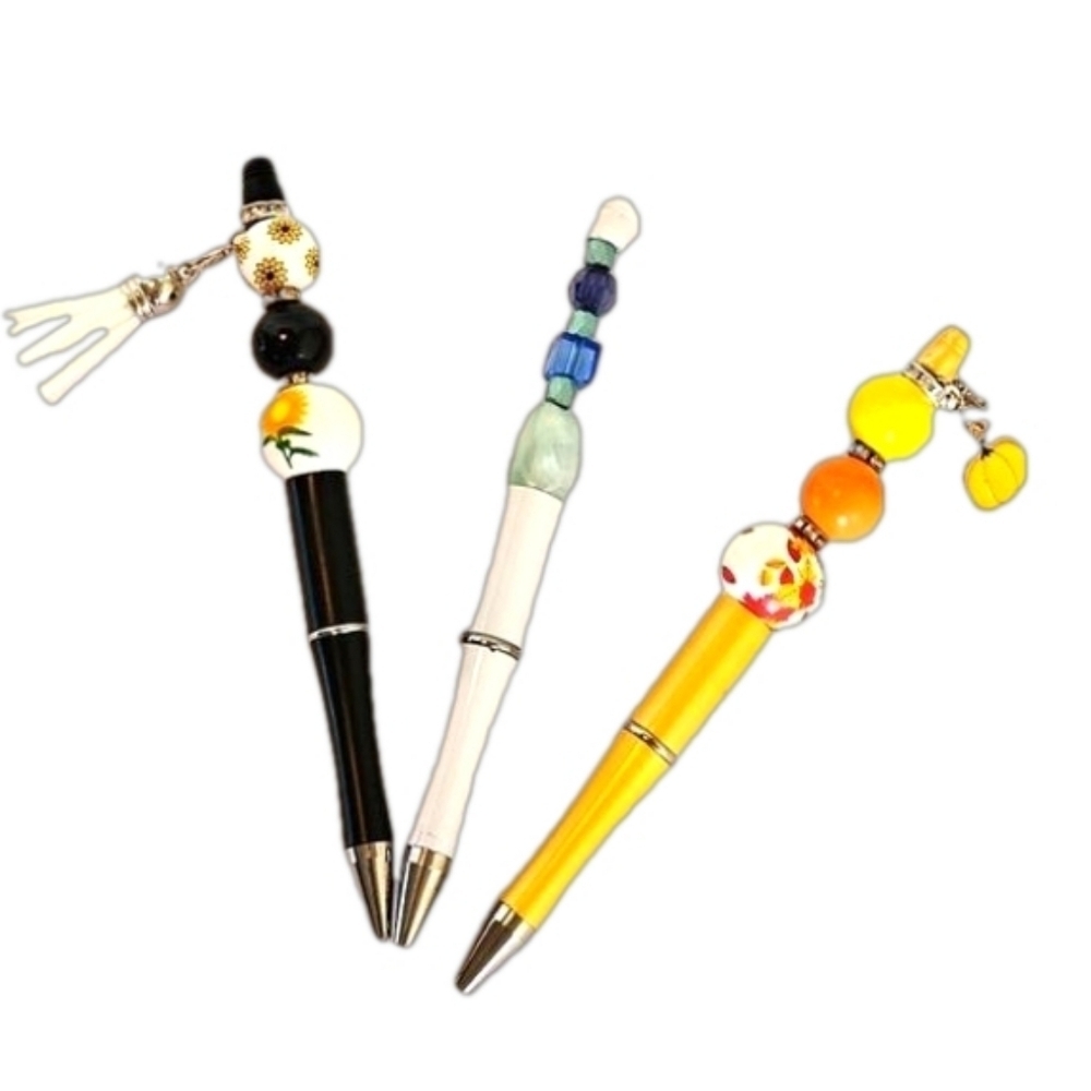 Hand Crafted Holiday Pens Beaded Set of 3 Fall Floral Sunflower Halloween Black